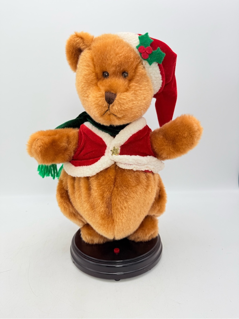 Animated Christmas Plush Brown Christmas Bear in Red Santa Outfit